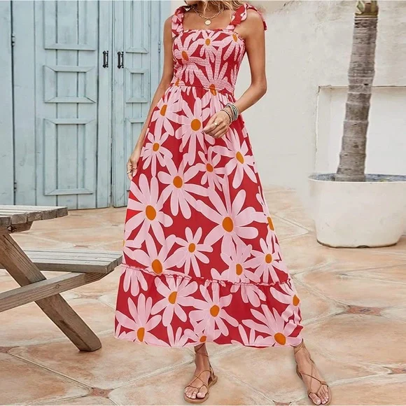 Brand New Infashule Floral Maxi Dress - Red with Pink Daisies - Size Large - Picture 2 of 5